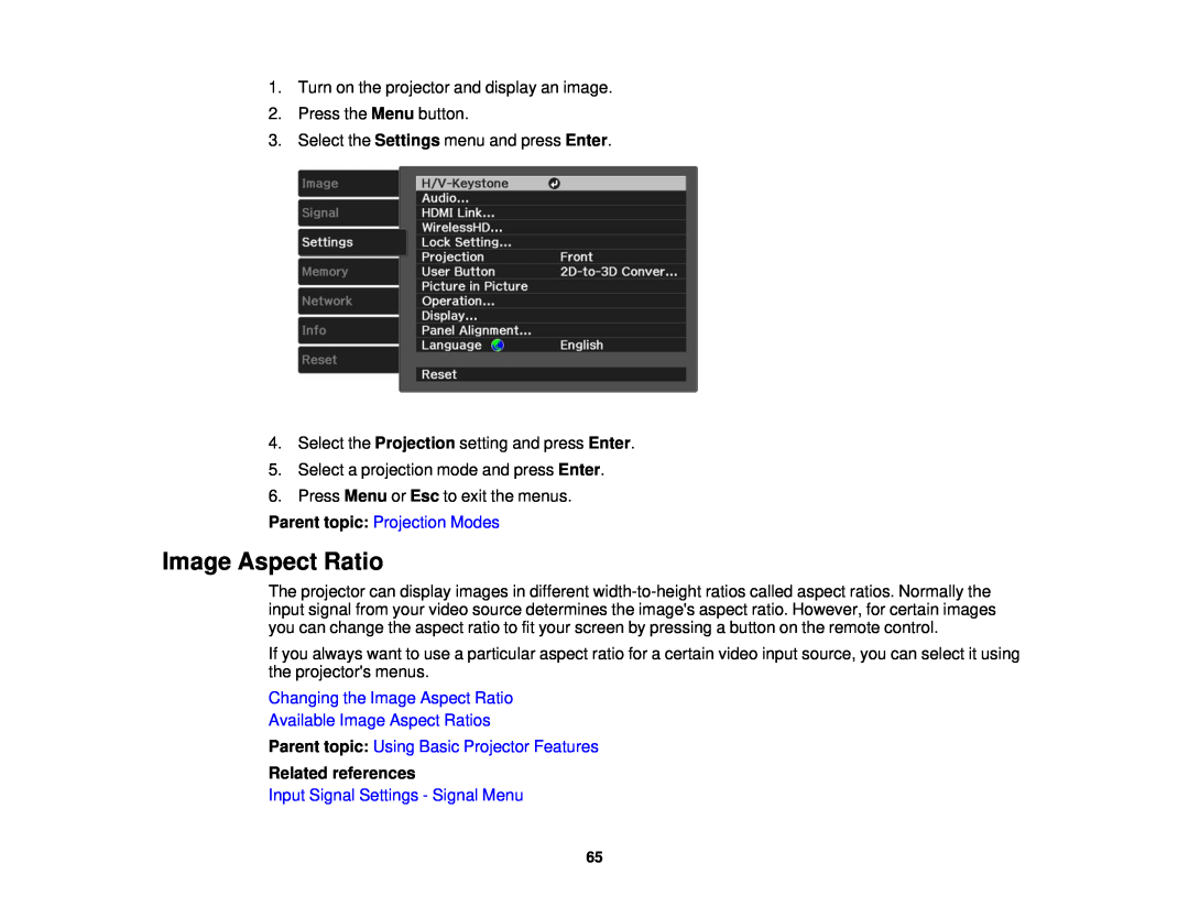 Epson 3000/3500/3510/3600e manual Parent topic: Projection Modes, Changing the Image Aspect Ratio 
