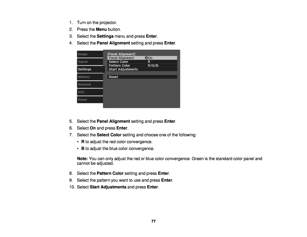 Epson 3000/3500/3510/3600e manual Select Start Adjustments and press Enter 