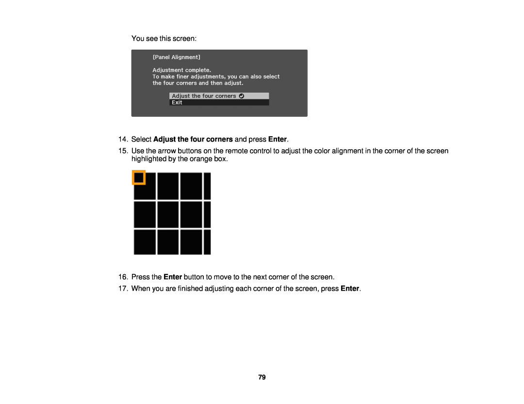 Epson 3000/3500/3510/3600e manual Select Adjust the four corners and press Enter 