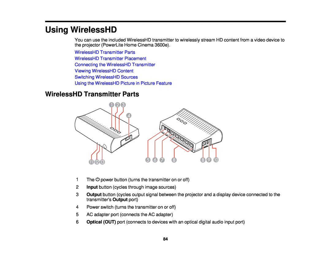 Epson 3000/3500/3510/3600e manual Using WirelessHD, WirelessHD Transmitter Parts, WirelessHD Transmitter Placement 