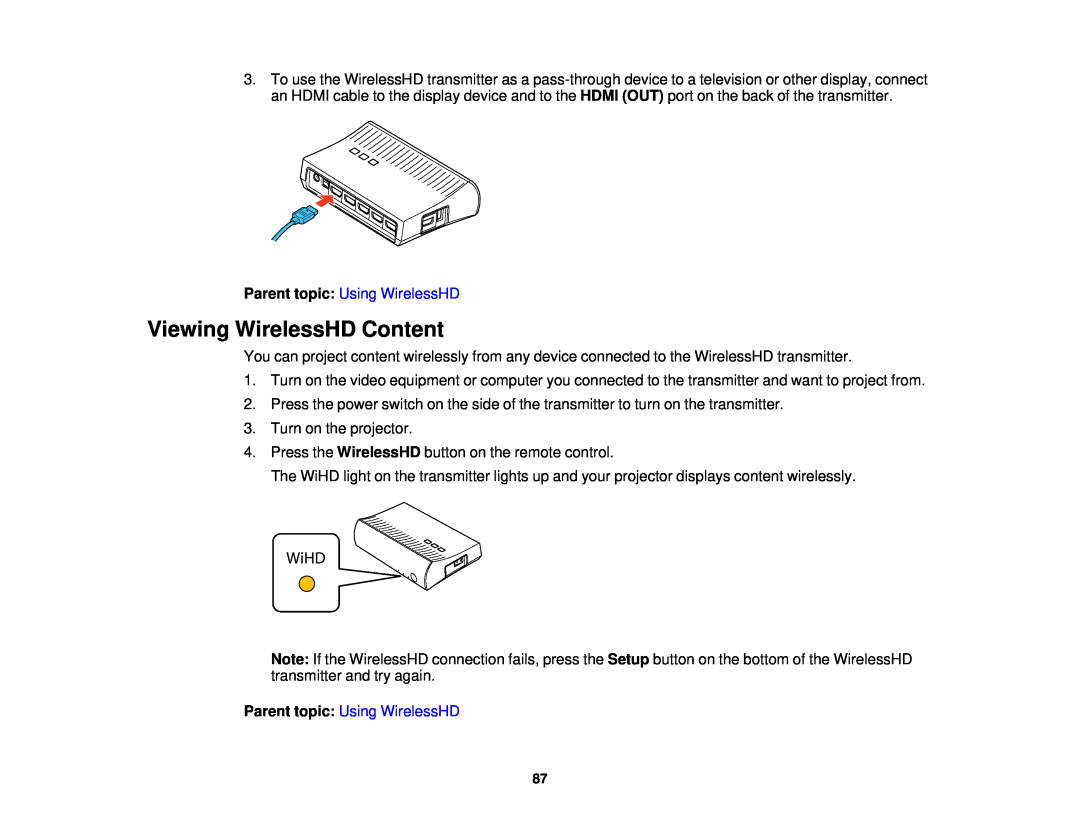 Epson 3000/3500/3510/3600e manual Viewing WirelessHD Content, Parent topic: Using WirelessHD 