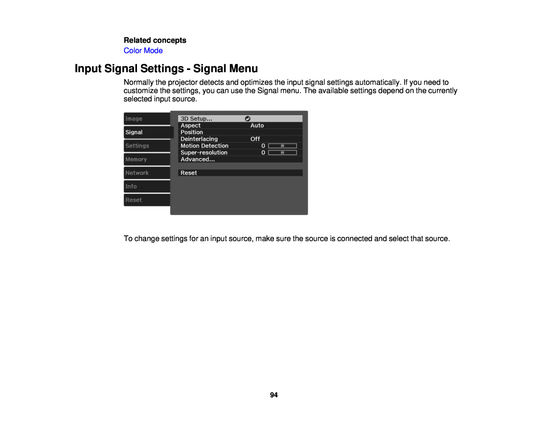 Epson 3000/3500/3510/3600e manual Input Signal Settings - Signal Menu, Color Mode 