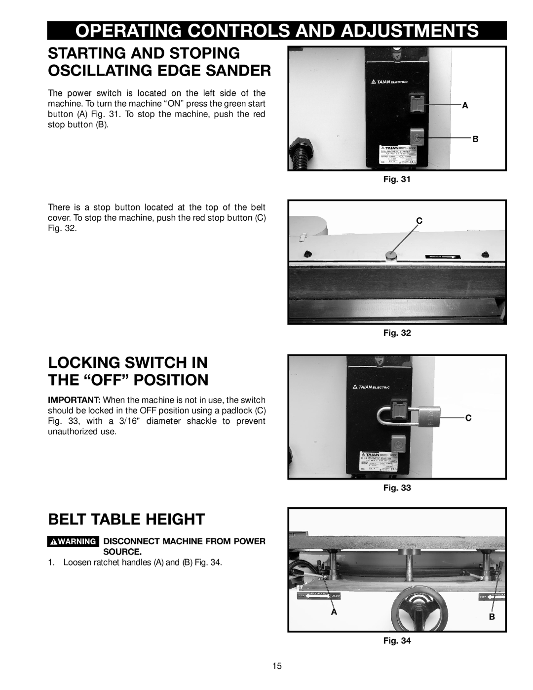 Epson 31-396 Operating Controls and Adjustments, Starting and Stoping Oscillating Edge Sander, Locking Switch OFF Position 