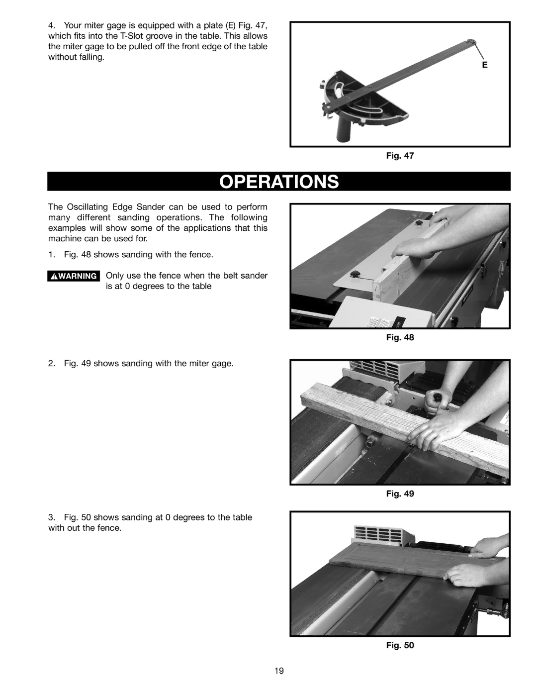 Epson 31-396 instruction manual Operations, Shows sanding with the miter gage 