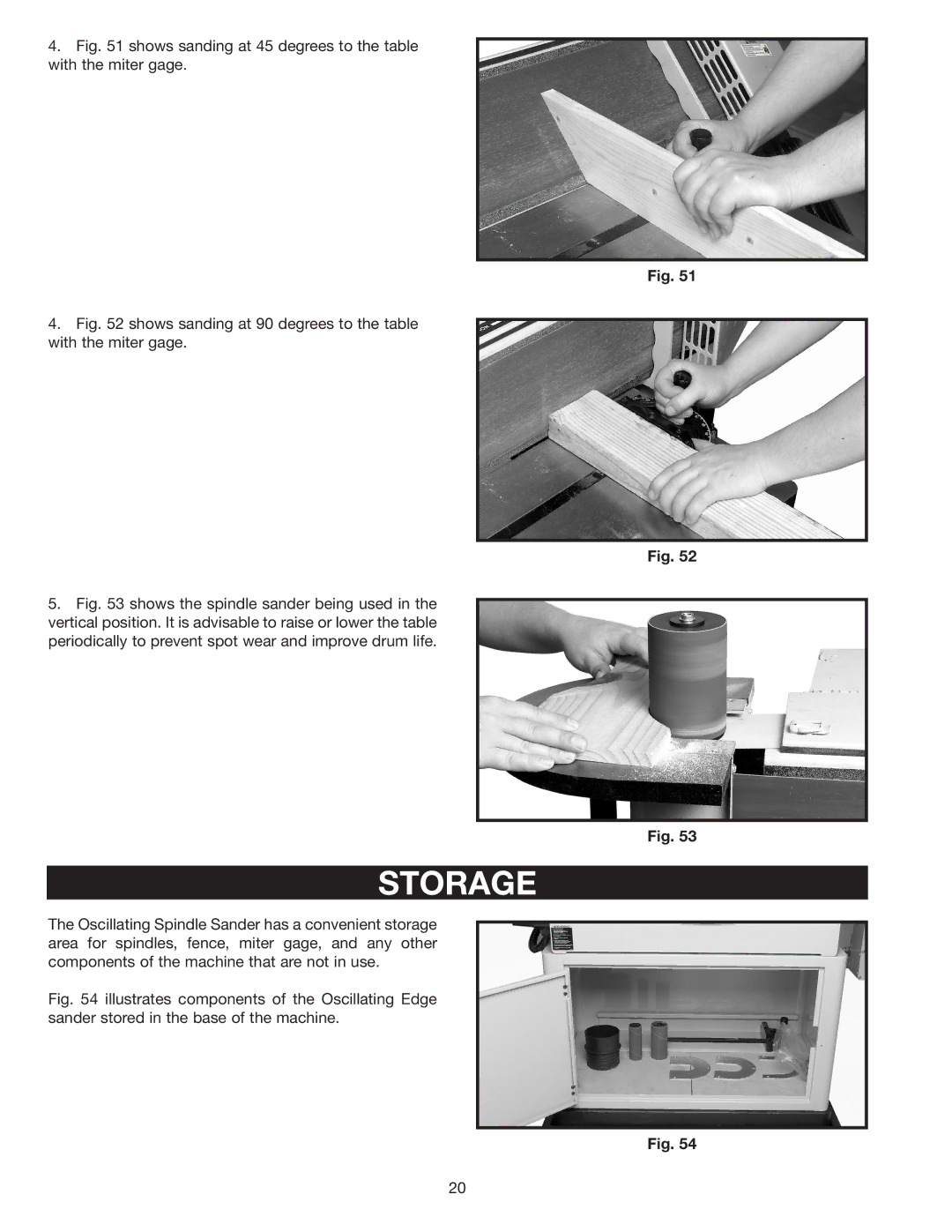 Epson 31-396 instruction manual Storage, Shows sanding at 45 degrees to the table with the miter gage 