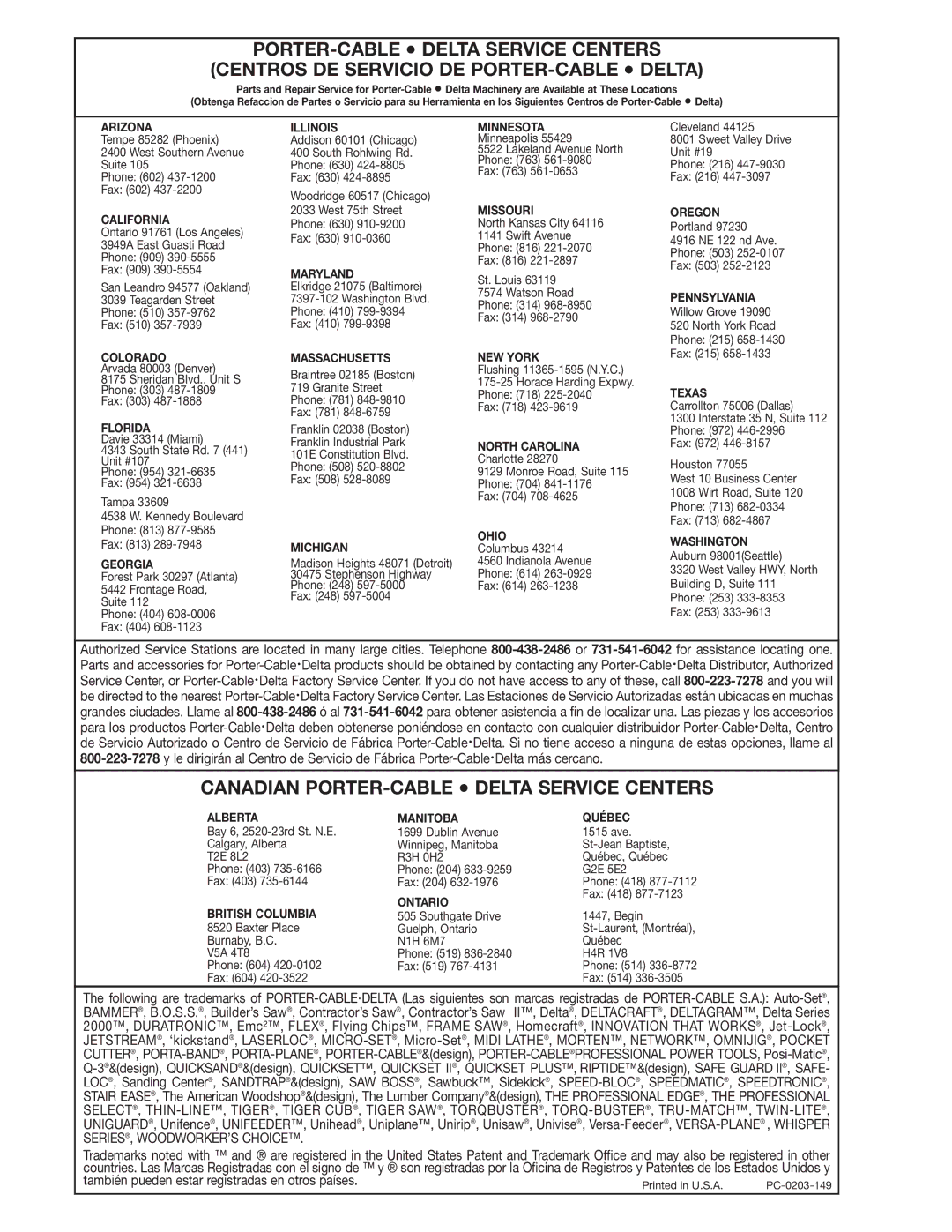 Epson 31-396 instruction manual Canadian PORTER-CABLE Delta Service Centers 