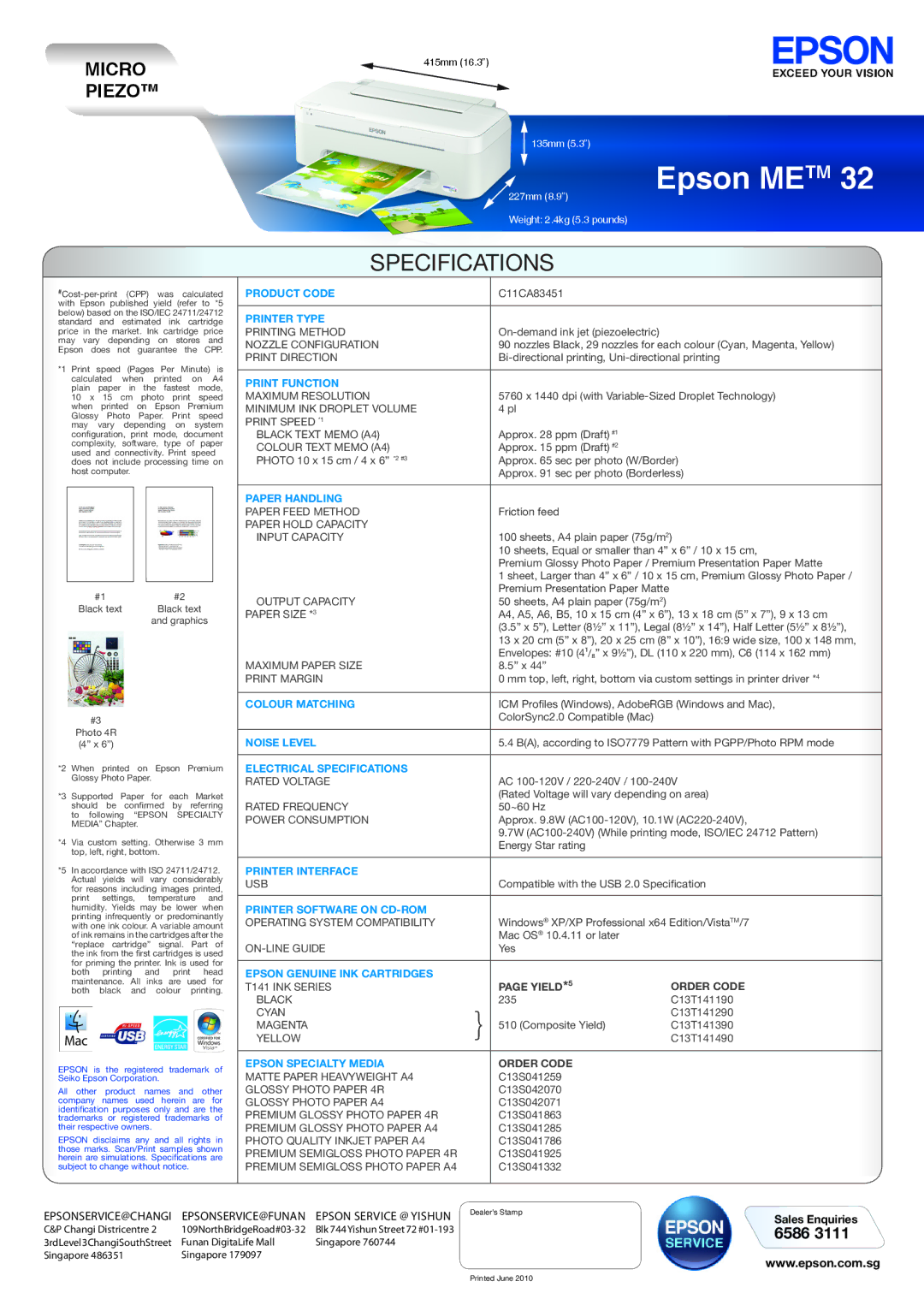 Epson 32 specifications Epson ME TM 