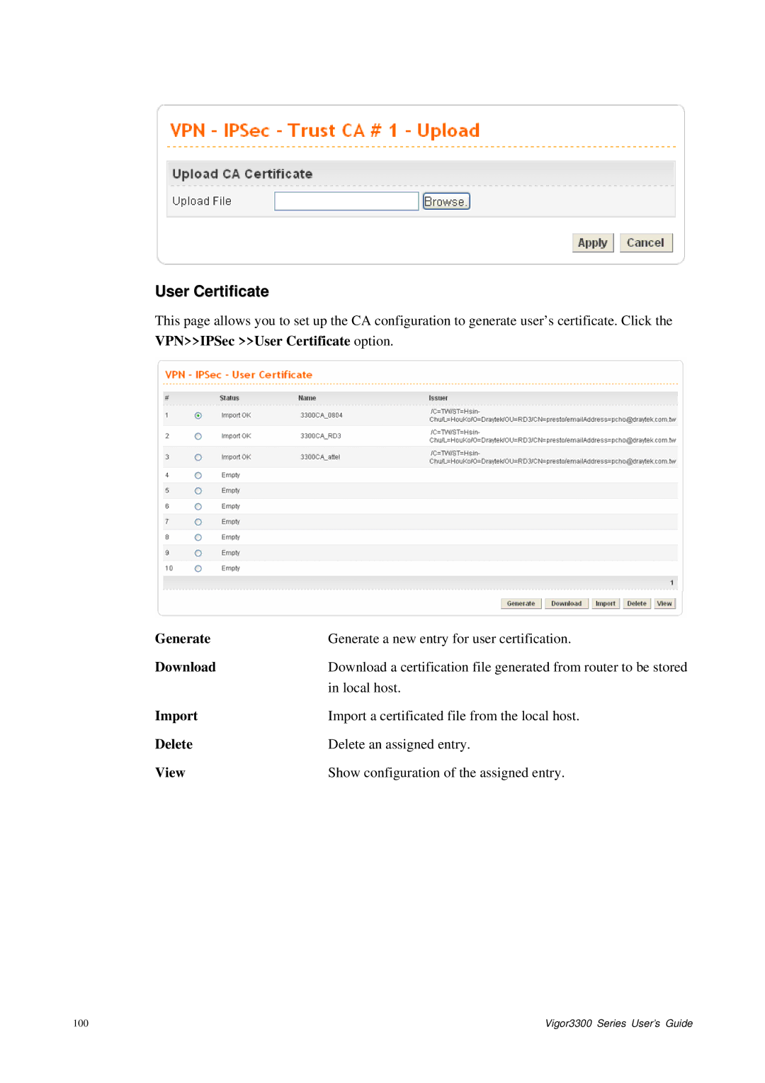 Epson 3300 manual User Certificate, Generate, Download, Import, View 