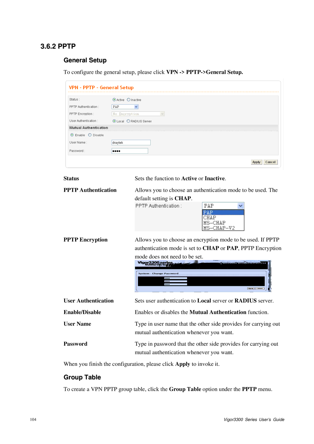 Epson 3300 manual Pptp Authentication, Pptp Encryption, User Authentication 