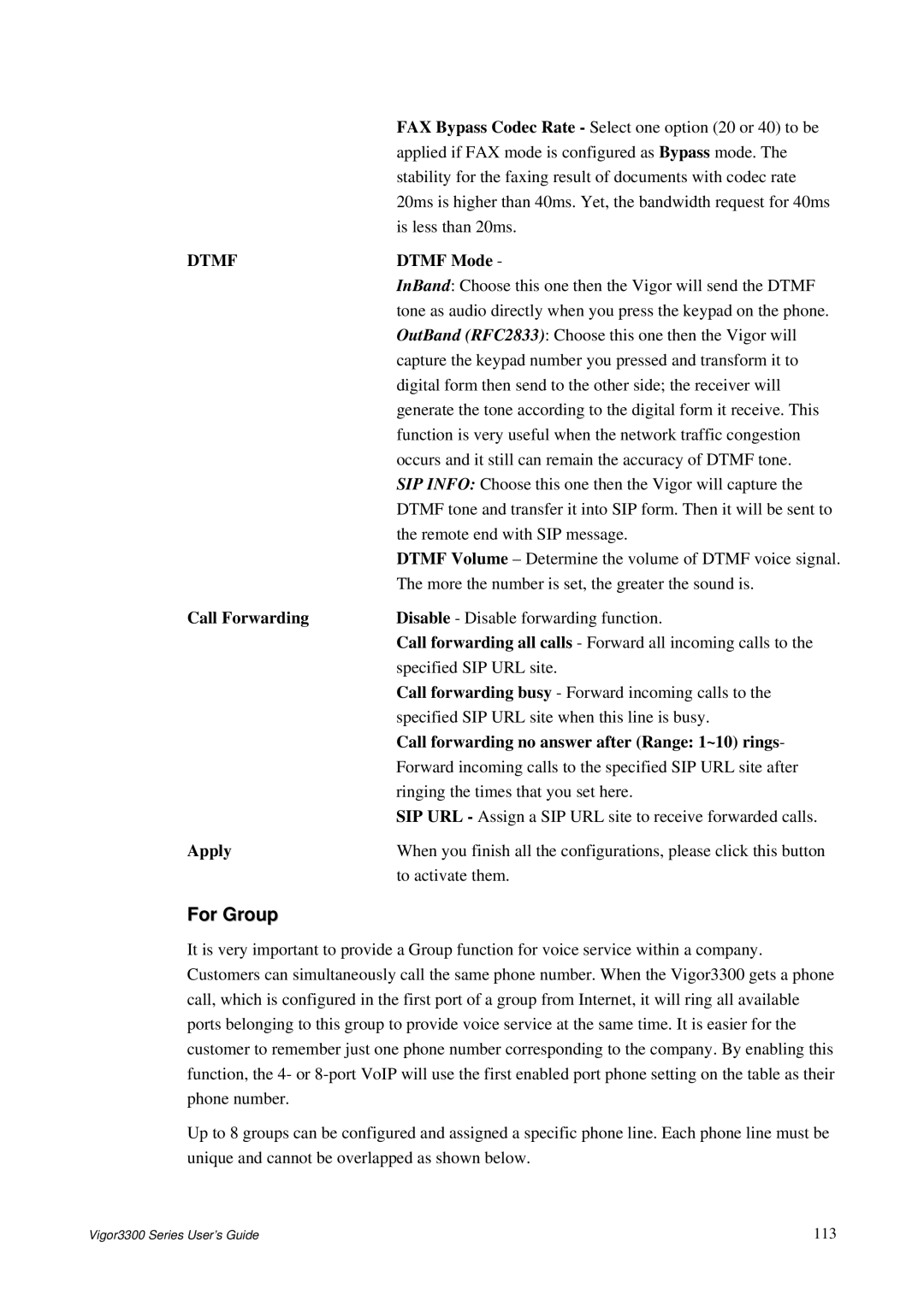 Epson 3300 manual For Group, Dtmf Mode, Call Forwarding, Call forwarding no answer after Range 1~10 rings 