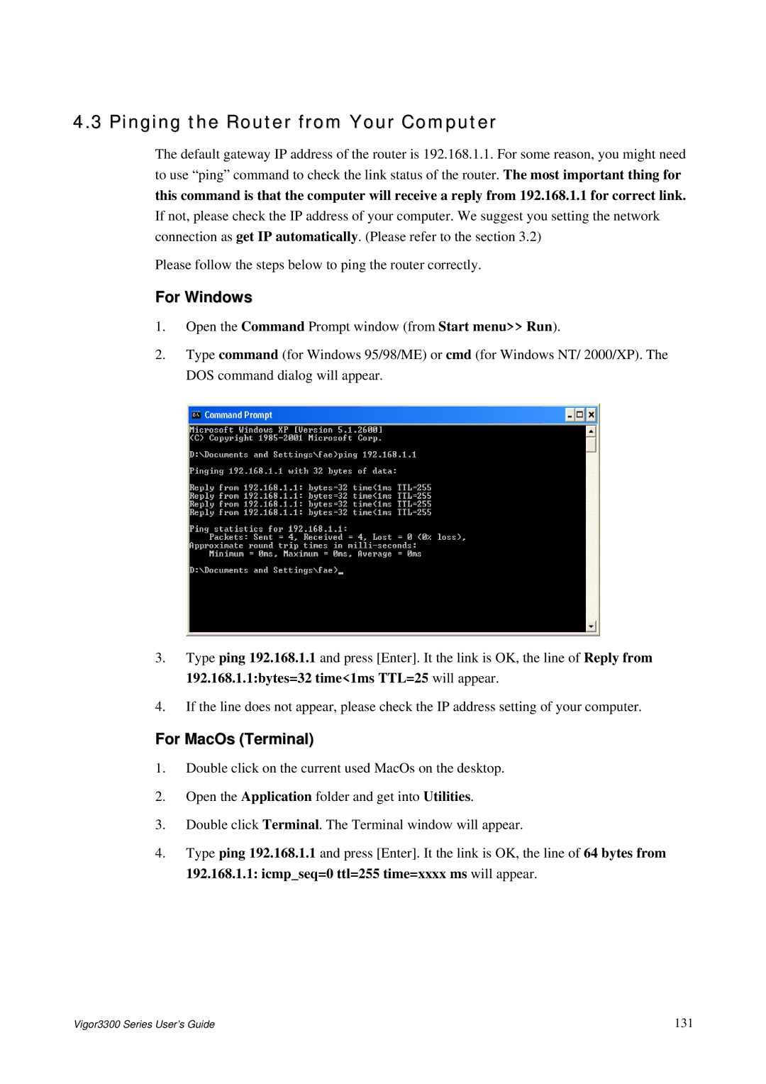 Epson 3300 manual Pinging the Router from Your Computer, For MacOs Terminal 