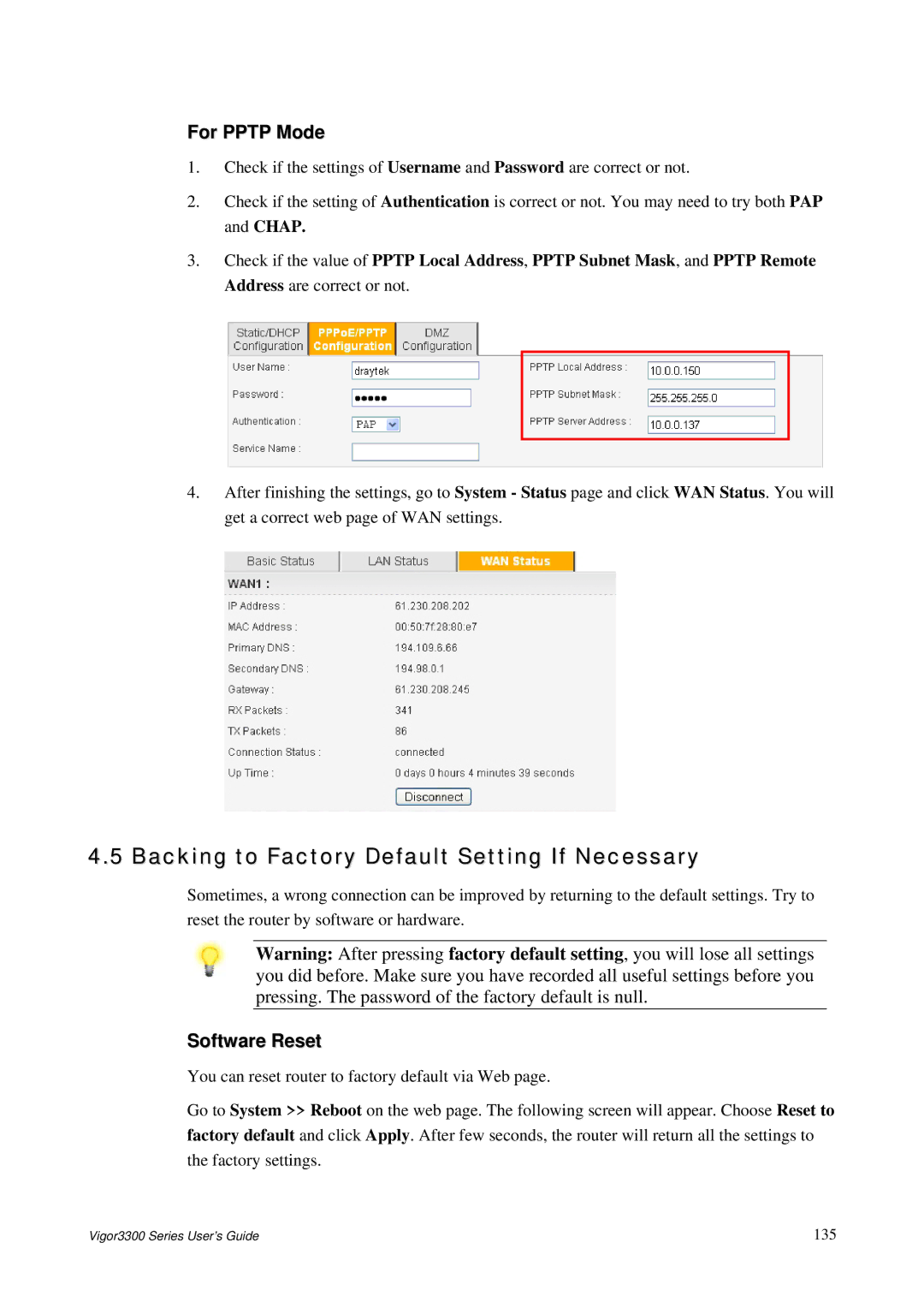 Epson 3300 manual Backing to Factory Default Setting If Necessary, For Pptp Mode, Software Reset 