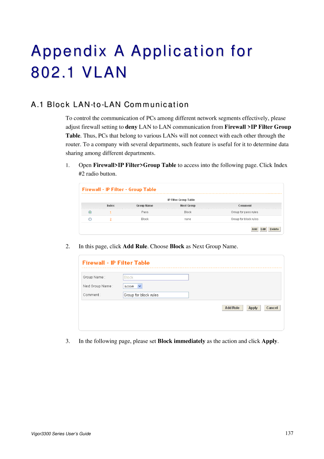 Epson 3300 manual Appendix a Application for 802.1 Vlan, Block LAN-to-LAN Communication 