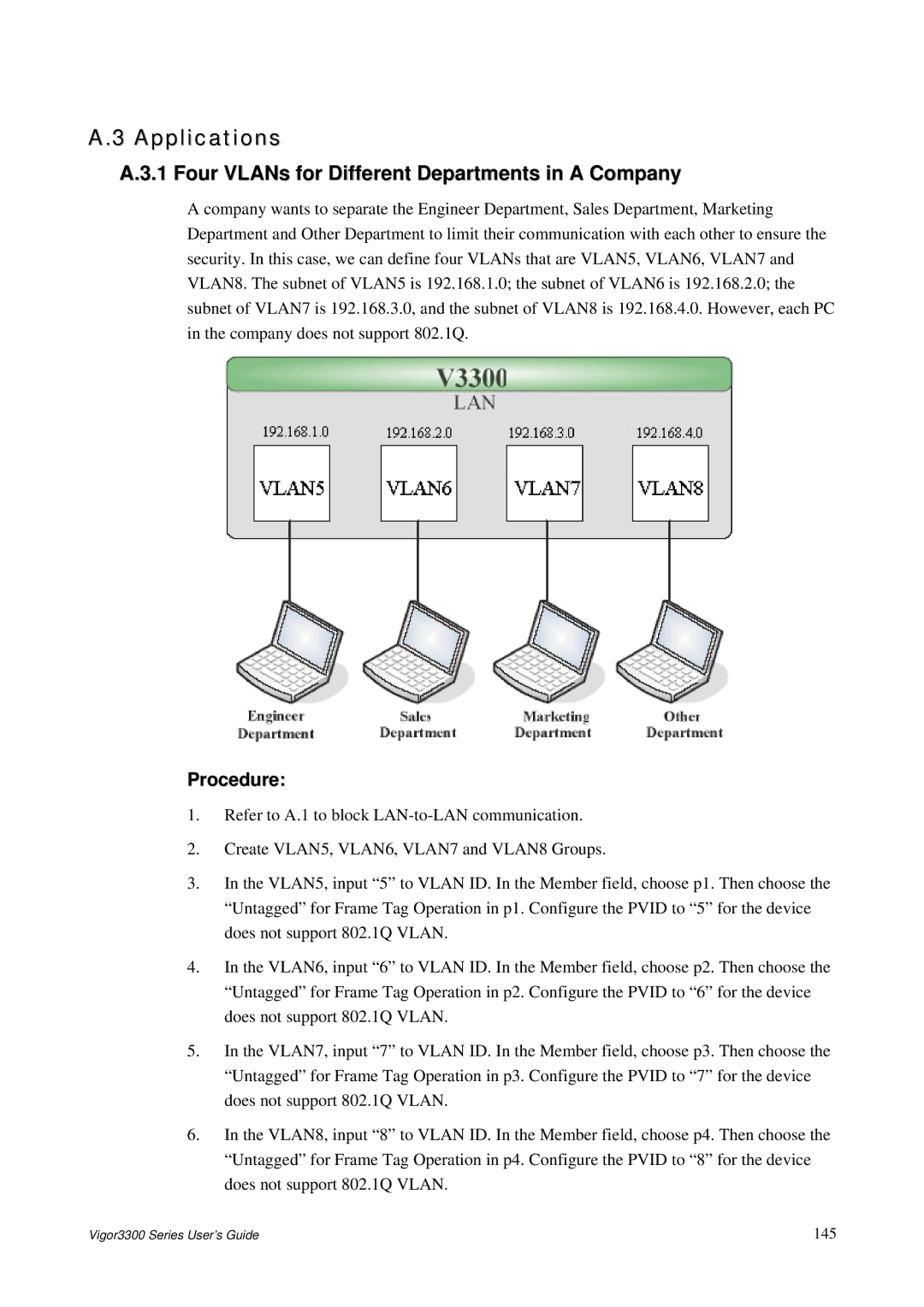 Epson 3300 manual Applications, Four VLANs for Different Departments in a Company, Procedure 