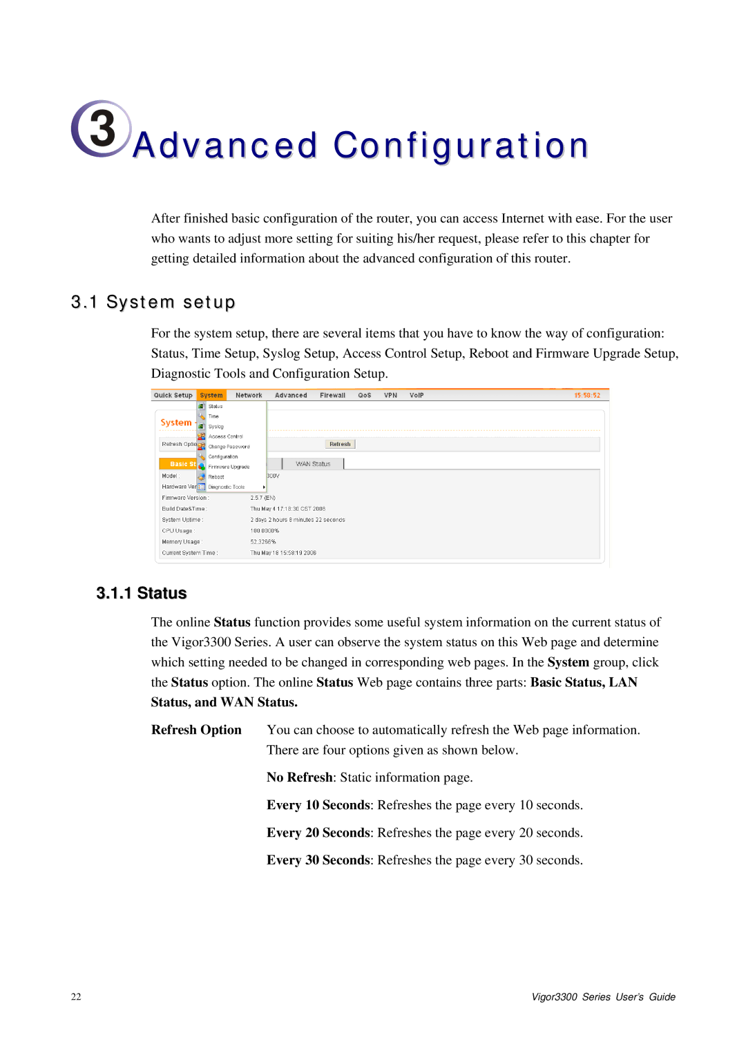 Epson 3300 manual System setup, Status, and WAN Status 