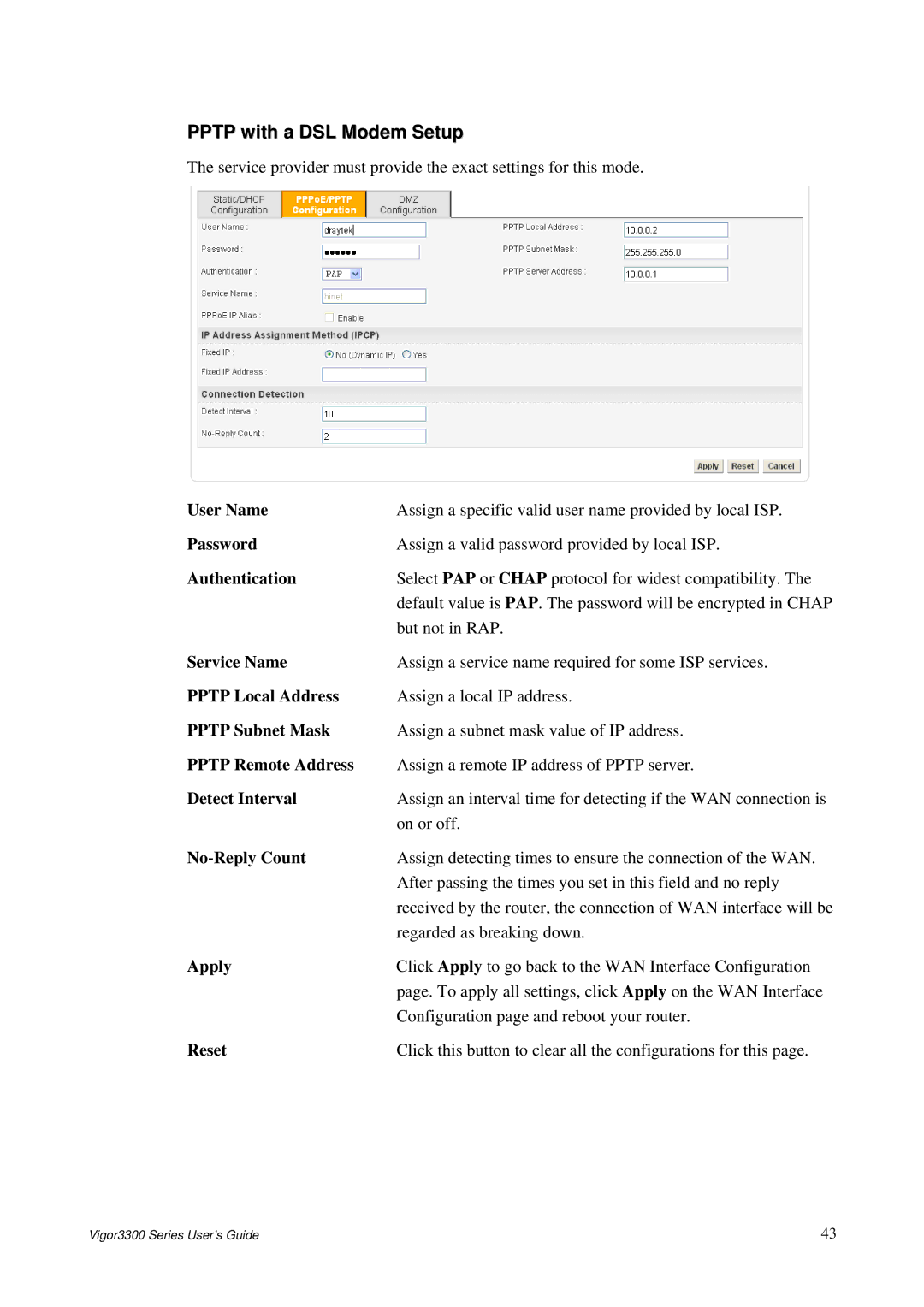 Epson 3300 manual Pptp with a DSL Modem Setup, Pptp Local Address, Pptp Subnet Mask, Pptp Remote Address 