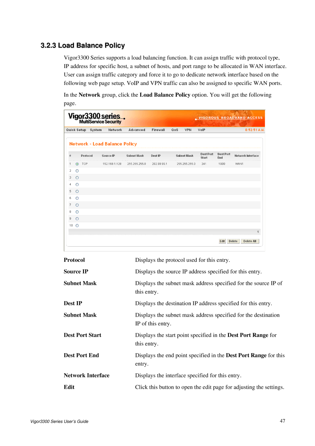 Epson 3300 manual Load Balance Policy, Protocol, Dest Port Start, Dest Port End, Network Interface 