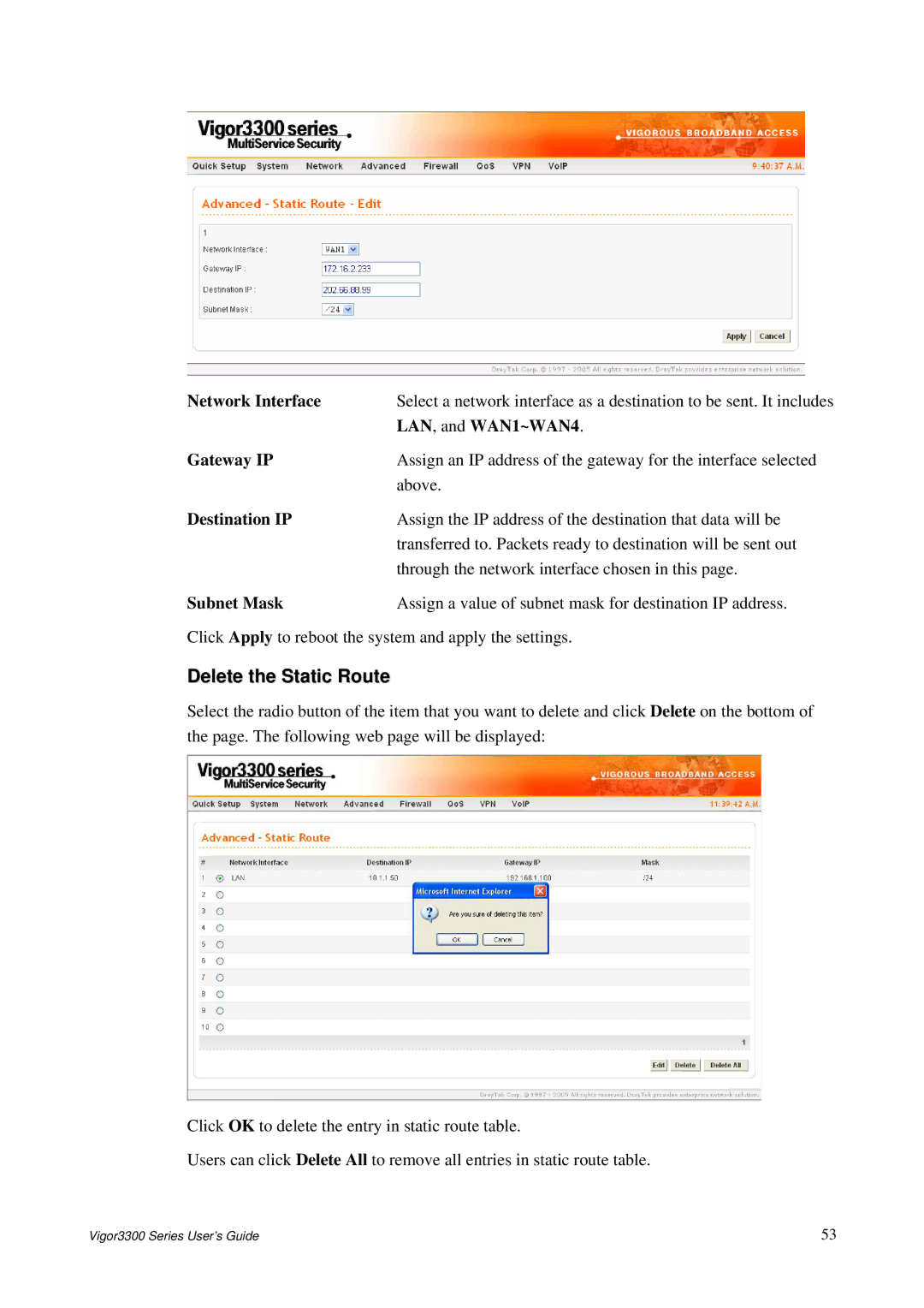 Epson 3300 manual Delete the Static Route, LAN , and WAN1~WAN4, Destination IP 