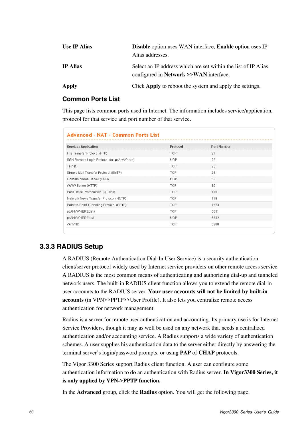 Epson 3300 manual Radius Setup, Common Ports List, Alias addresses, Configured in Network WAN interface 