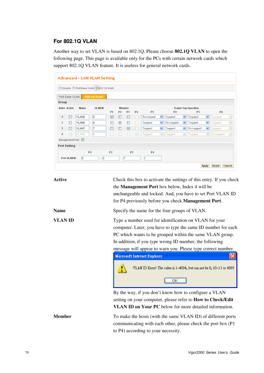 Epson 3300 manual For 802.1Q Vlan, Name, Member 