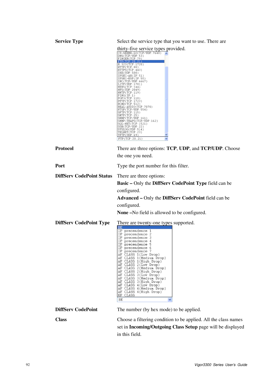 Epson 3300 manual Port, DiffServ CodePoint Status, Basic Only the DiffServ CodePoint Type field can be 