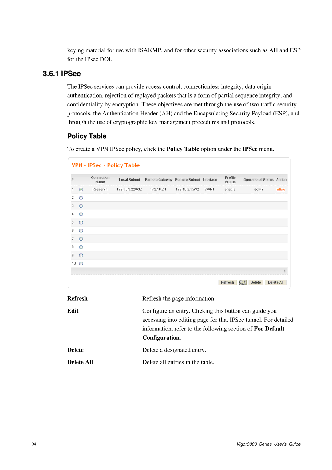 Epson 3300 manual IPSec, Policy Table, Configuration, Delete All 