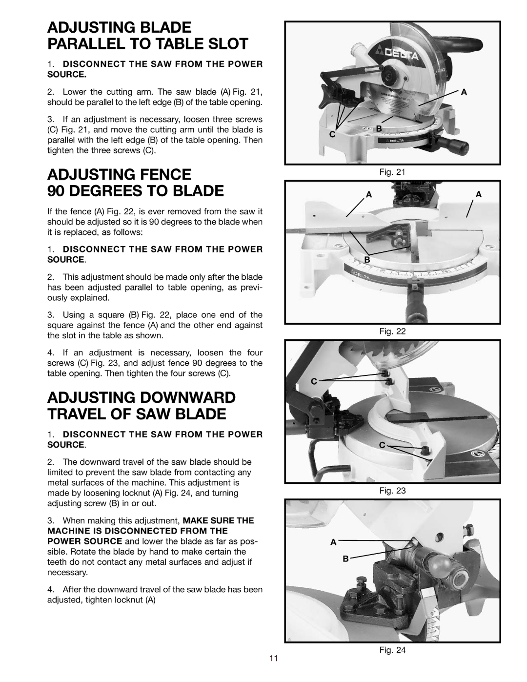 Epson 36-075 instruction manual Adjusting Fence Degrees to Blade, Adjusting Downward Travel of SAW Blade 