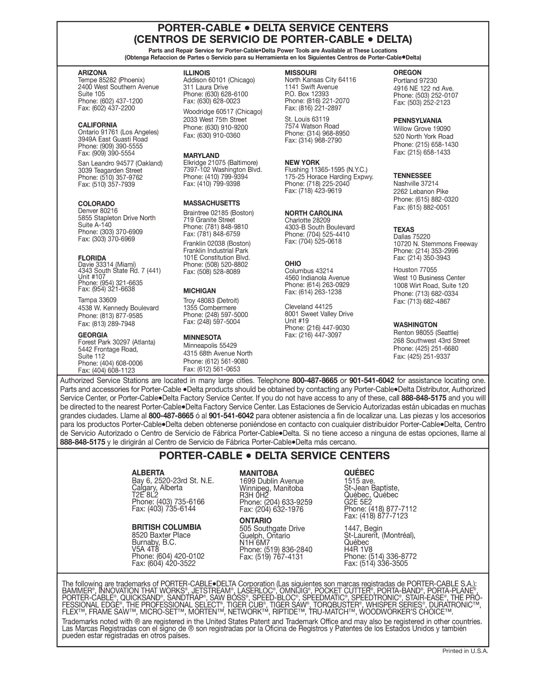 Epson 36-075 instruction manual PORTER-CABLE Delta Service Centers 