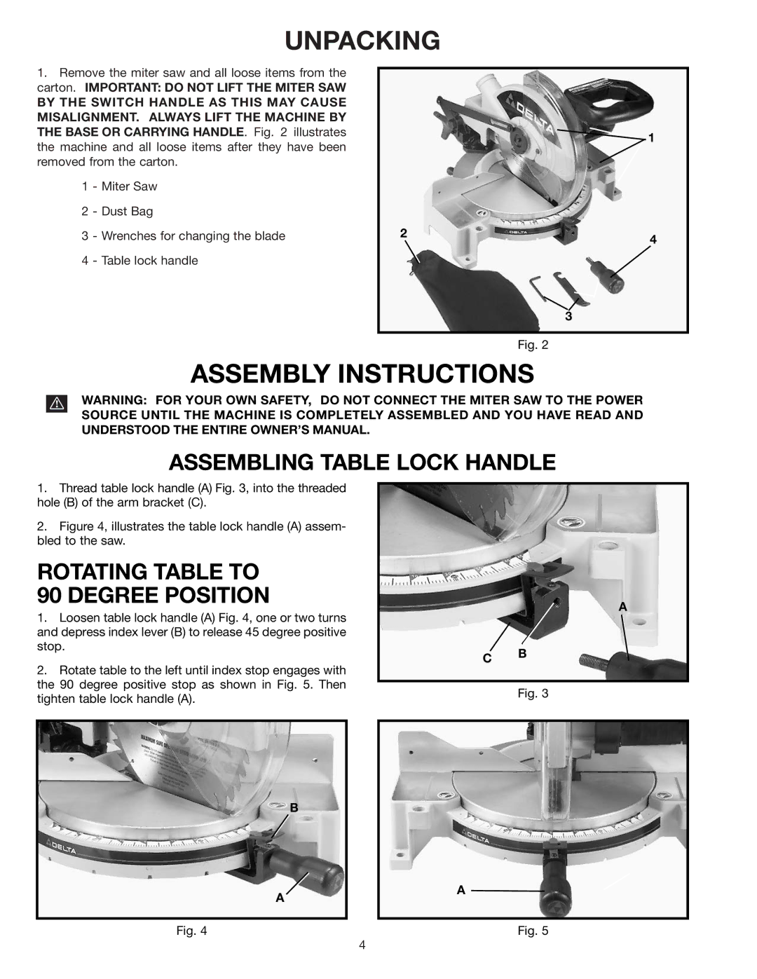 Epson 36-075 Unpacking, Assembly Instructions, Assembling Table Lock Handle, Rotating Table to 90 Degree Position 