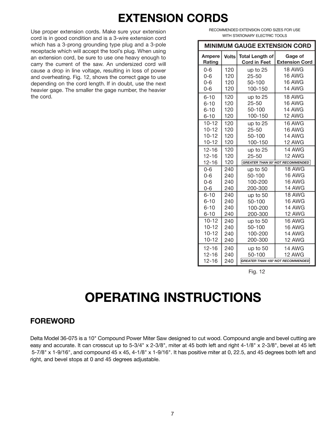 Epson 36-075 instruction manual Extension Cords, Minimum Gauge Extension Cord 