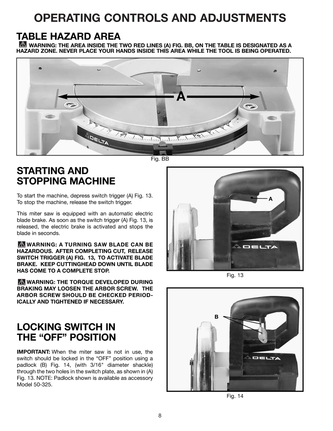 Epson 36-075 Operating Controls and Adjustments, Table Hazard Area, Starting Stopping Machine, Locking Switch OFF Position 