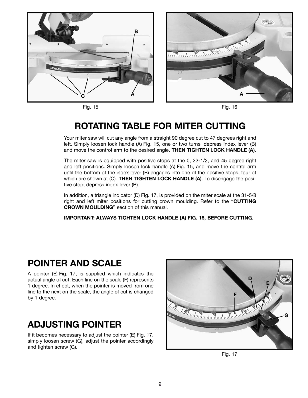 Epson 36-075 instruction manual Rotating Table for Miter Cutting, Pointer and Scale, Adjusting Pointer 