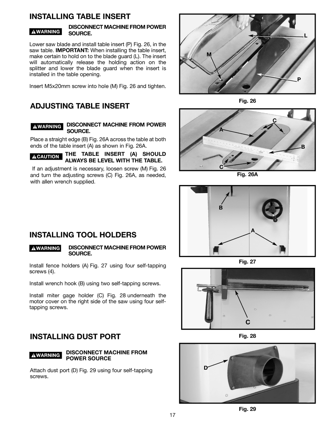 Epson 36-714 Installing Table Insert, Adjusting Table Insert, Installing Tool Holders, Installing Dust Port 