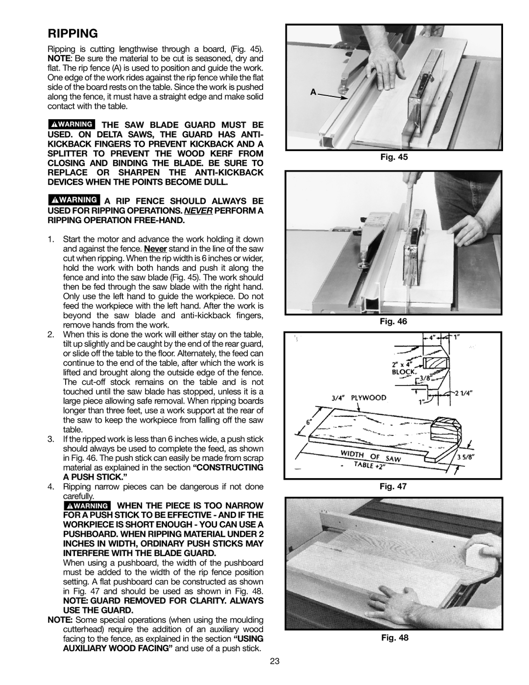 Epson 36-714 instruction manual Ripping, Push Stick 