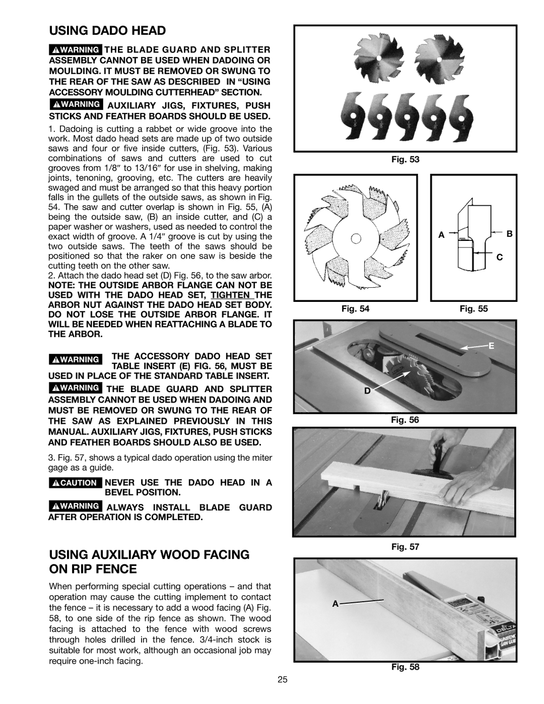 Epson 36-714 instruction manual Using Dado Head, Using Auxiliary Wood Facing on RIP Fence 