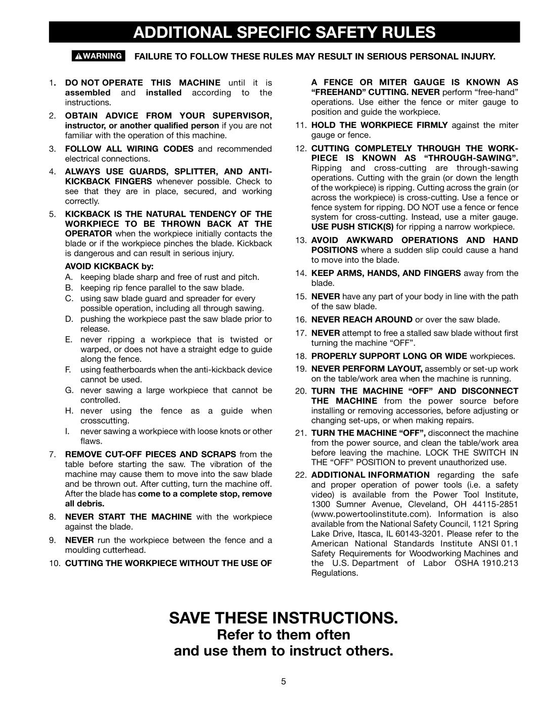 Epson 36-714 instruction manual Additional Specific Safety Rules, Cutting the Workpiece Without the USE 