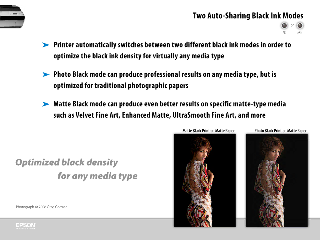 Epson 3800 manual Optimized black density For any media type, Two Auto-Sharing Black Ink Modes 