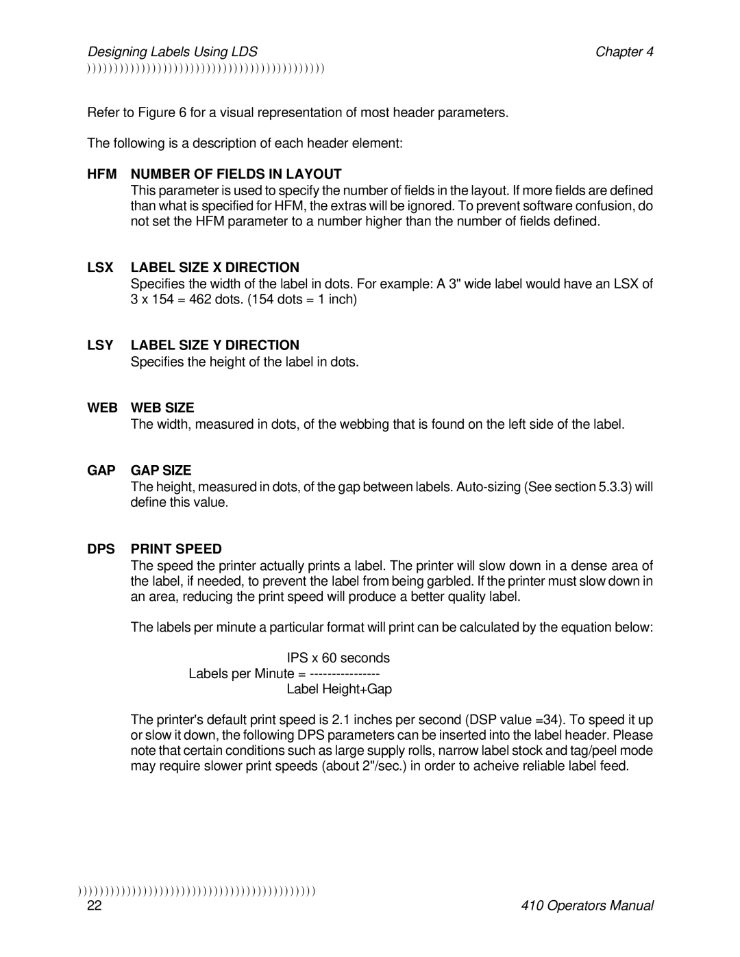 Epson 410 manual HFM Number of Fields in Layout, LSX Label Size X Direction, LSY Label Size Y Direction, WEB WEB Size 