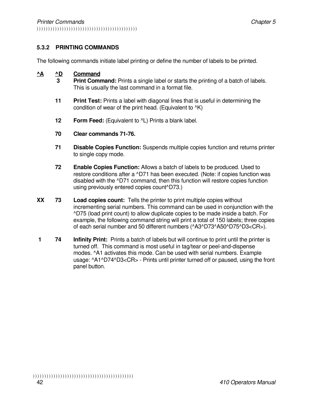 Epson 410 manual Printing Commands, Clear commands 