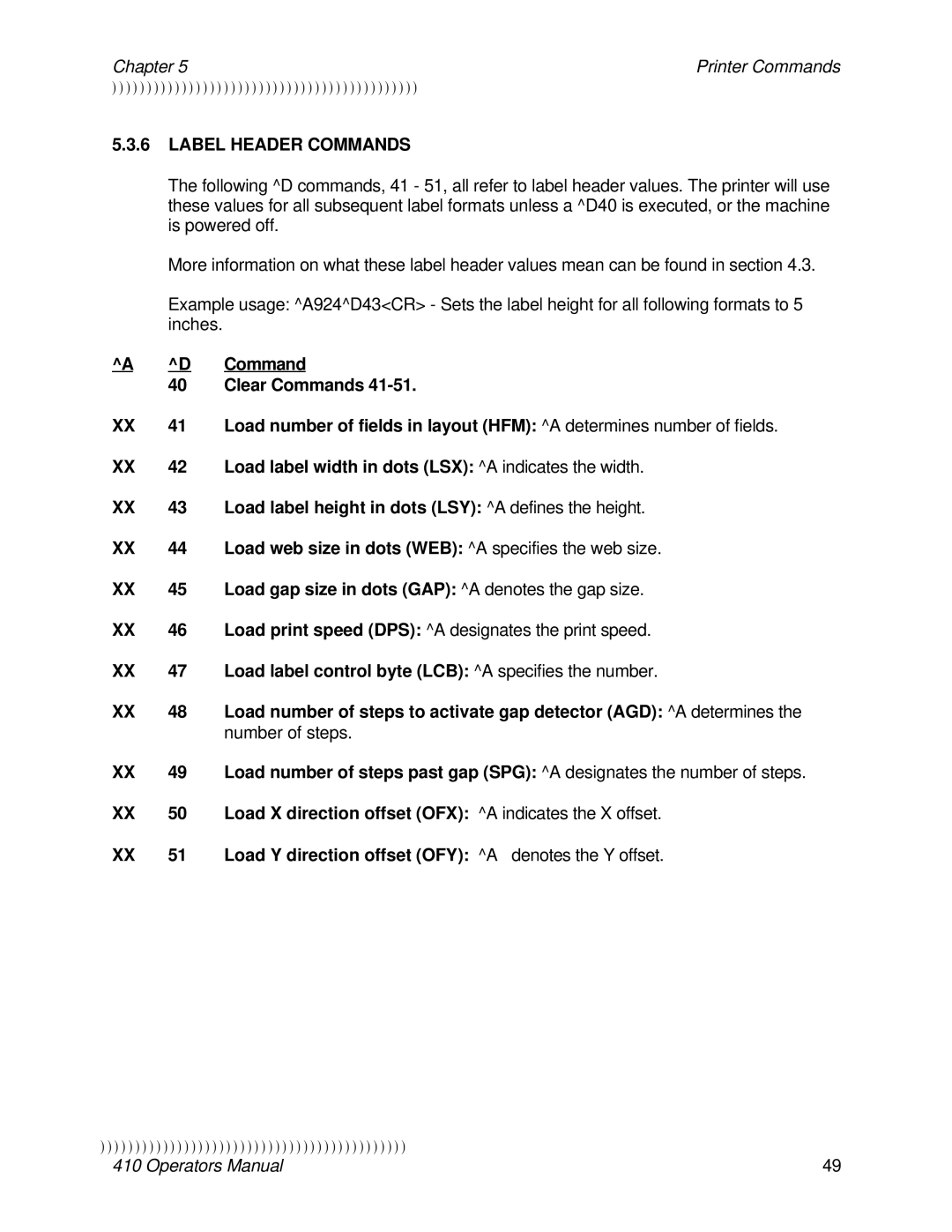 Epson 410 manual Label Header Commands, Load label control byte LCB a specifies the number 