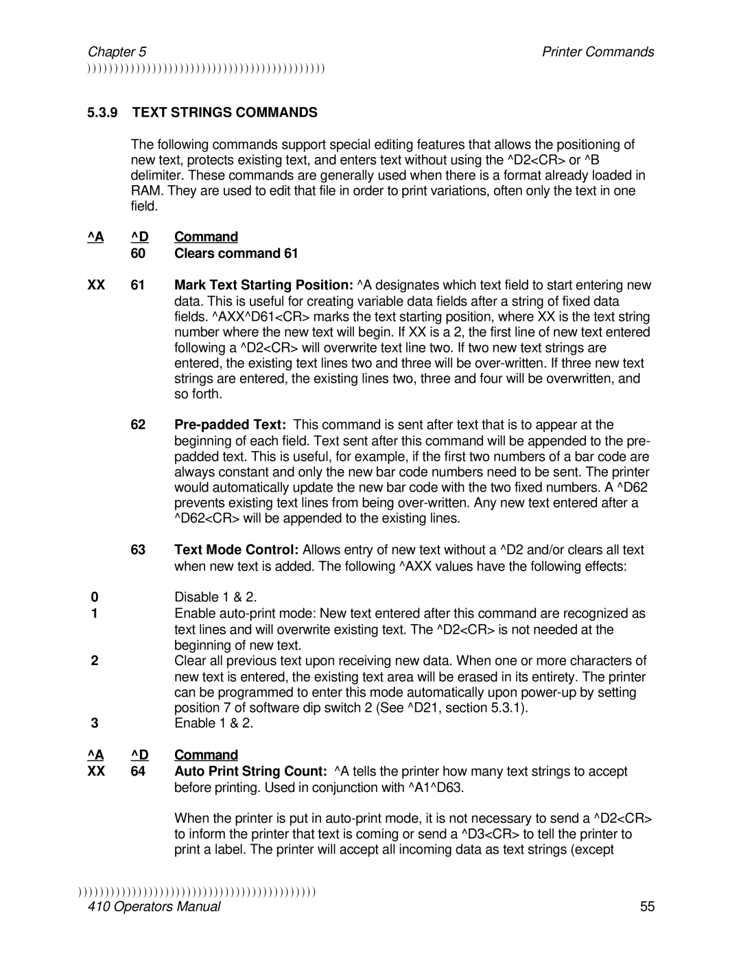 Epson 410 manual Text Strings Commands, Command Clears command 