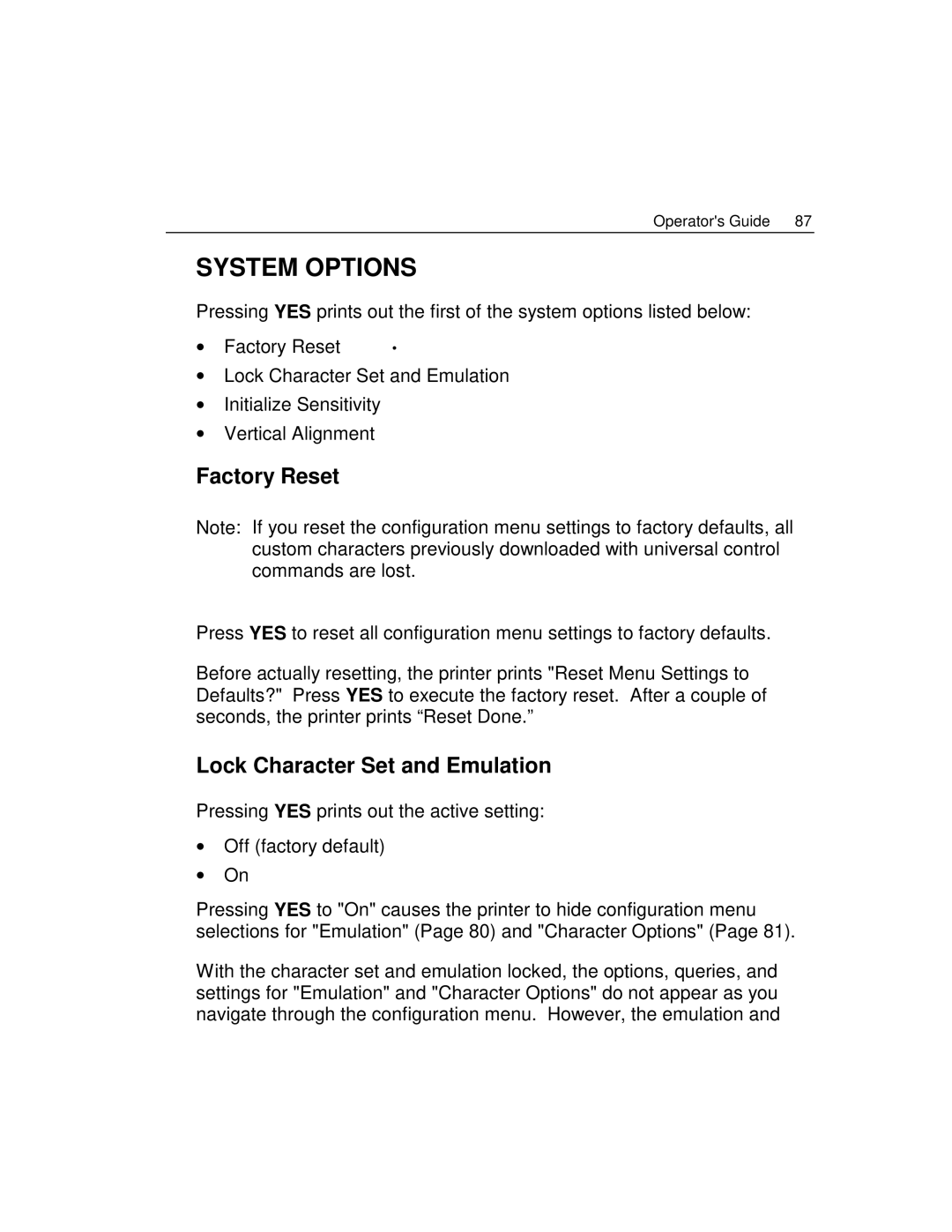 Epson 4100 manual System Options, Factory Reset, Lock Character Set and Emulation 