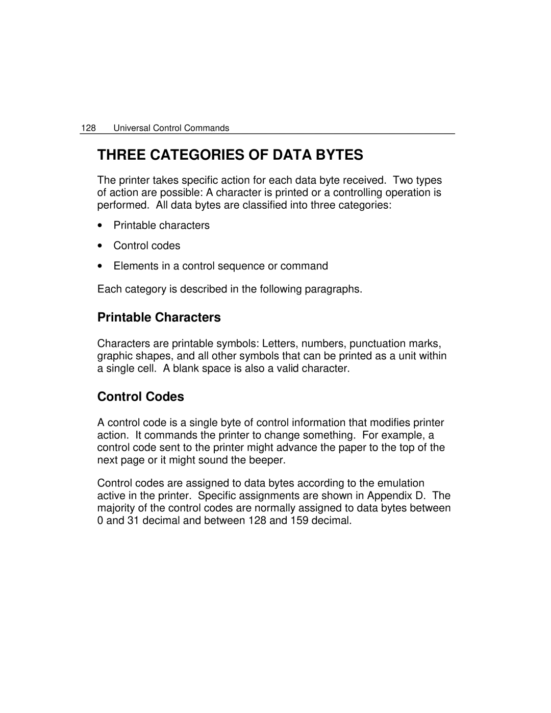 Epson 4100 manual Three Categories of Data Bytes, Printable Characters, Control Codes 