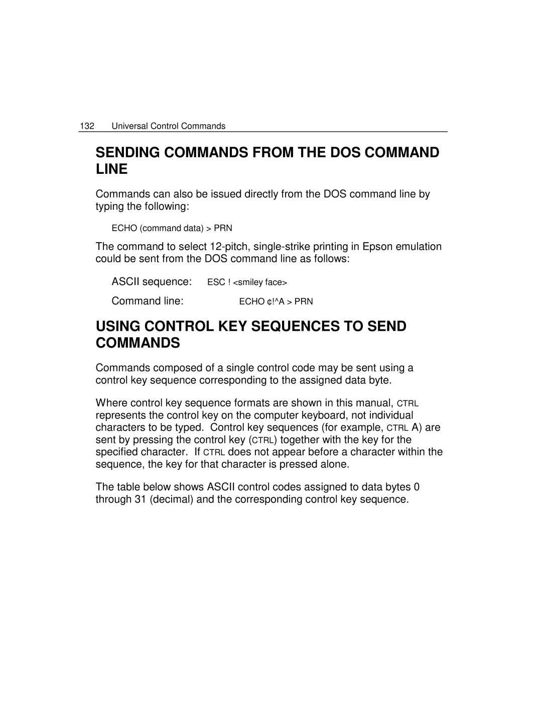 Epson 4100 manual Sending Commands from the DOS Command Line, Using Control KEY Sequences to Send Commands 