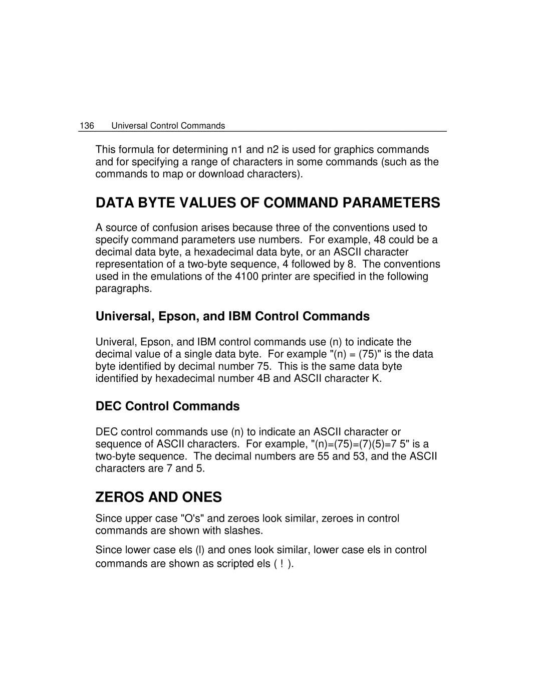 Epson 4100 manual Data Byte Values of Command Parameters, Zeros and Ones, Universal, Epson, and IBM Control Commands 