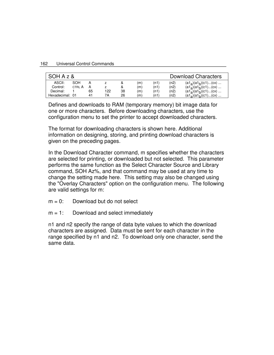 Epson 4100 manual Universal Control Commands SOH a z Download Characters 