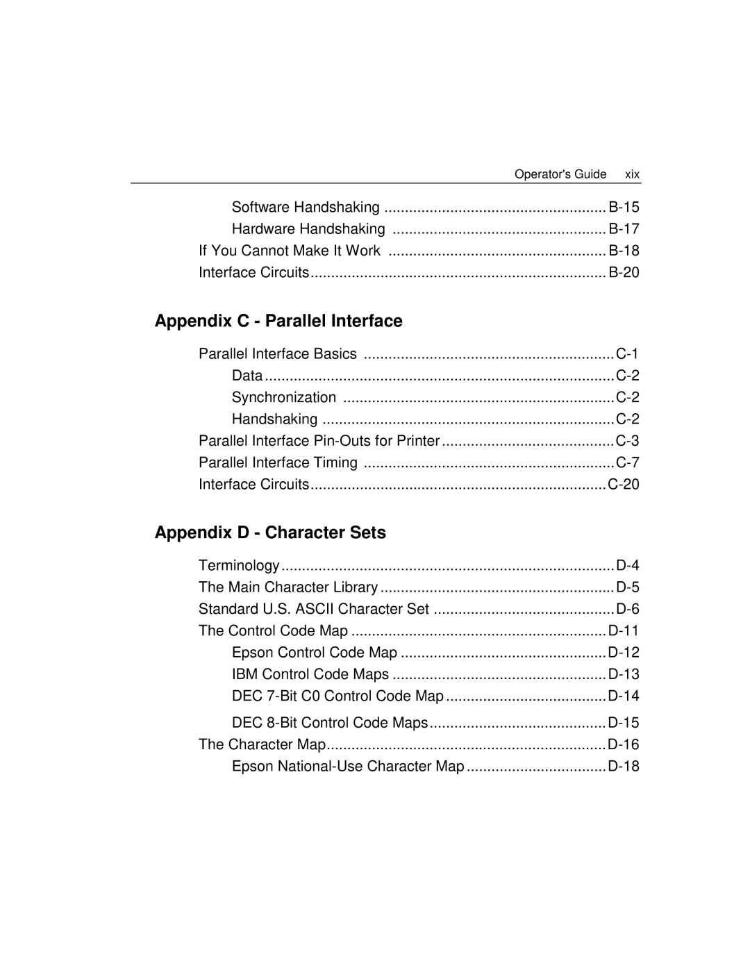 Epson 4100 manual Appendix C Parallel Interface, Appendix D Character Sets 