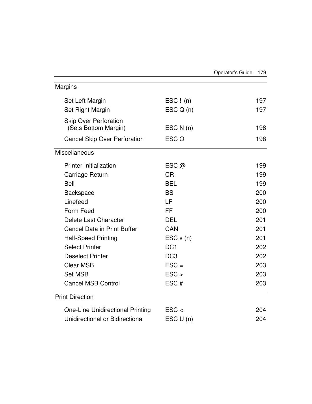 Epson 4100 Miscellaneous Printer Initialization, Carriage Return 199 Bell, 201, Cancel Data in Print Buffer, 202, 203 