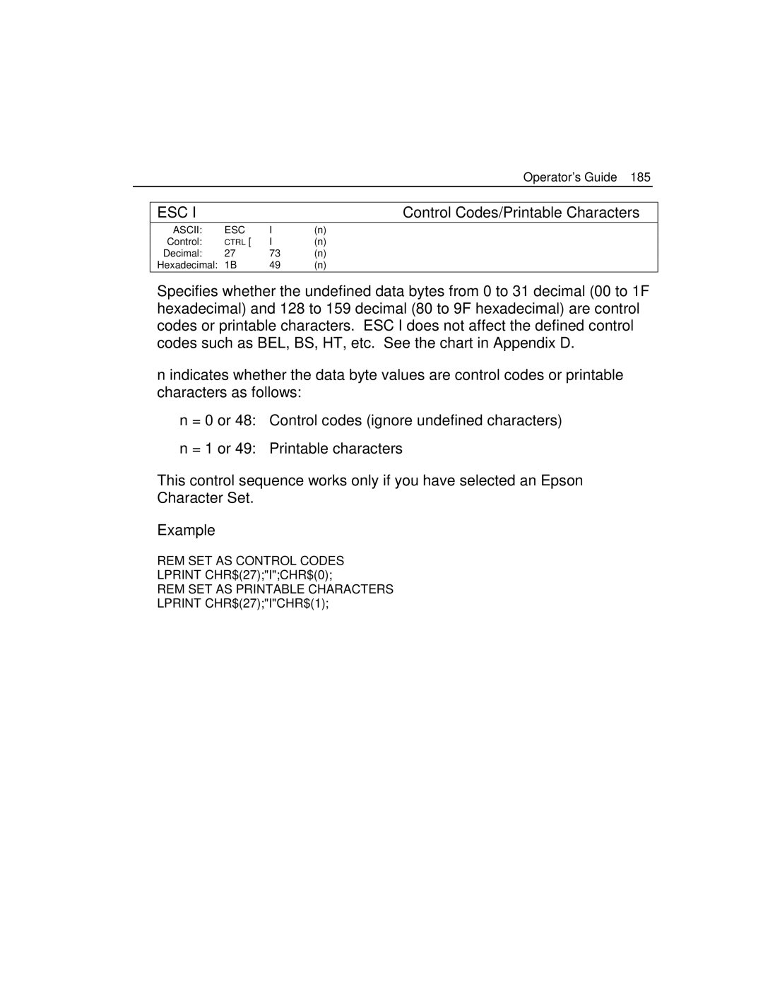 Epson 4100 manual Operator’s Guide, Control Codes/Printable Characters 