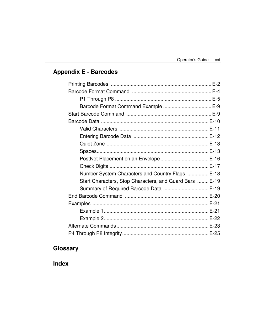 Epson 4100 manual Appendix E Barcodes, Glossary Index 